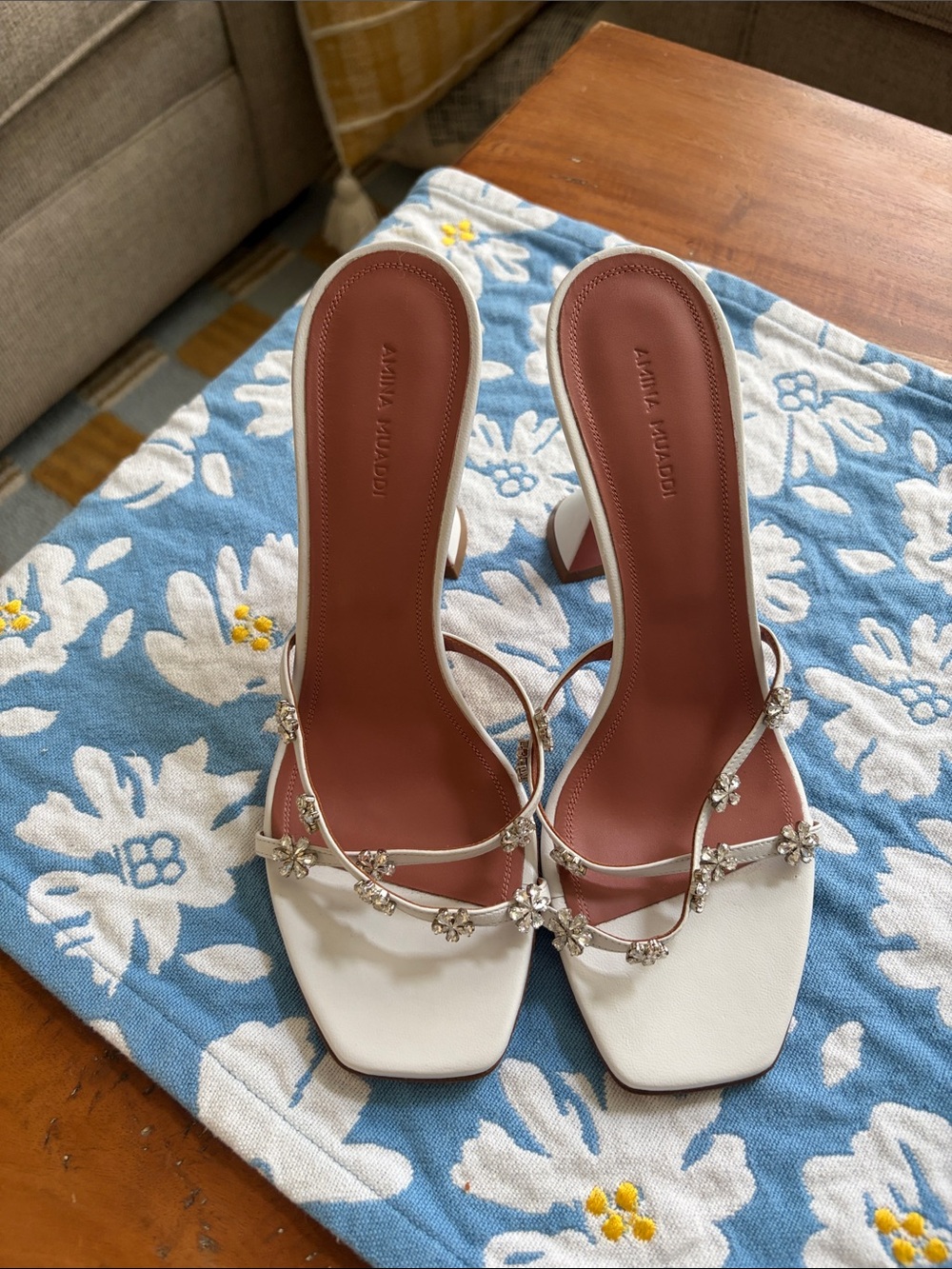 NWOB Amina Muaddi White Crystal-Strap Slide Heels